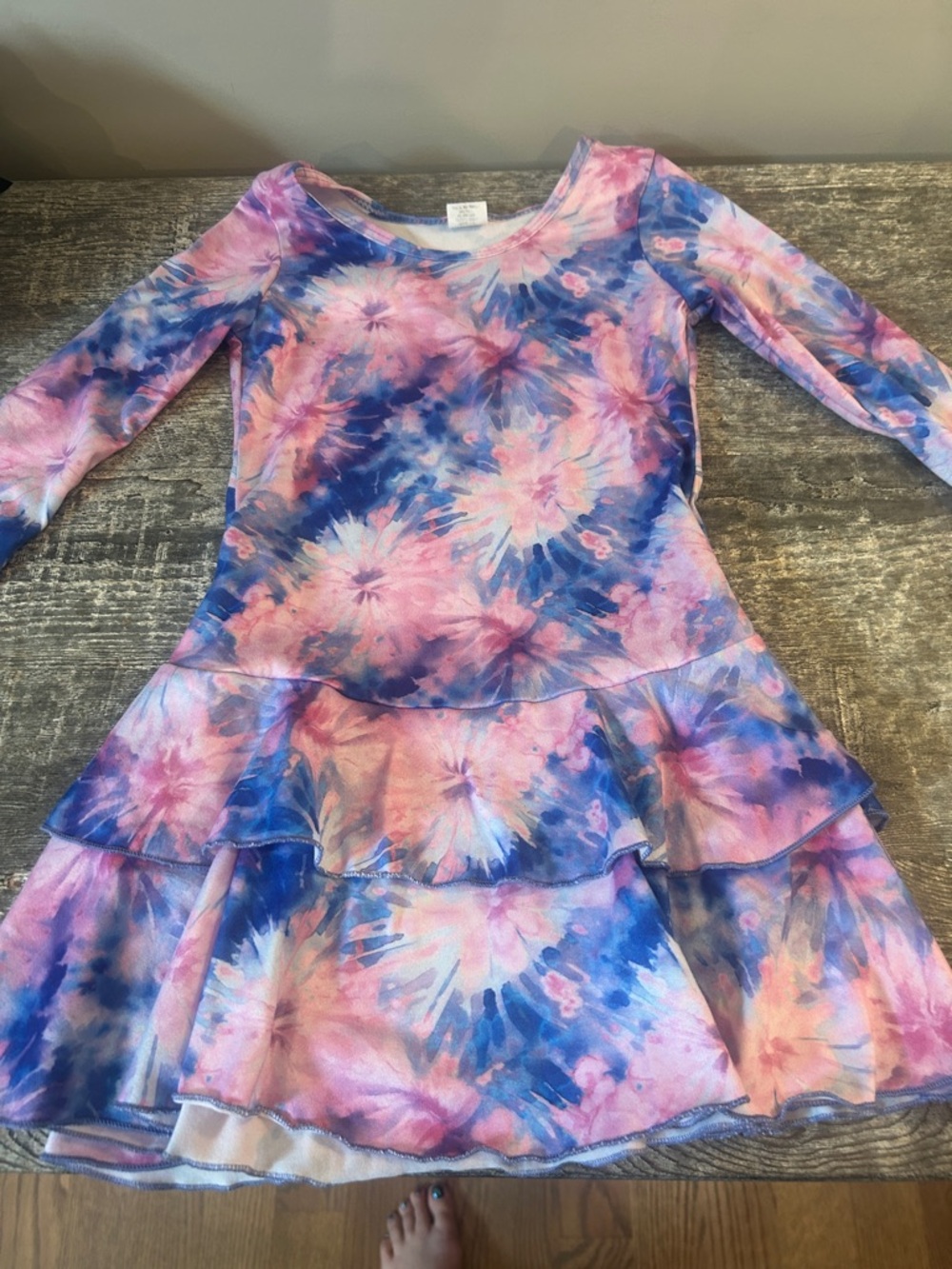 Girls Tie-Dye Ruffle Hem Long Sleeve Dress - Pink & Blue